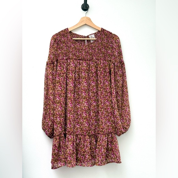 Sadie & Sage "Dear Rosaline" Floral Mini Shift Dress Long-Sleeve Ruffle Dress - Picture 2 of 8